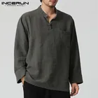 Мужская льняная рубашка INCERUN, повседневная винтажная рубашка в китайском стиле с v-образным вырезом и длинным рукавом, на осень, с рисунком, в китайском стиле, 2019