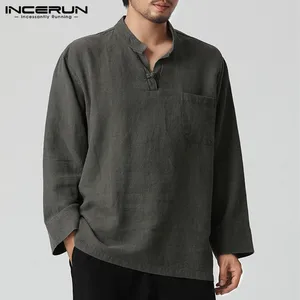 Мужская льняная рубашка INCERUN, повседневная винтажная рубашка в китайском стиле с v-образным вырезом и длинным рукавом, на осень, с рисунком, в китайском стиле, 2019