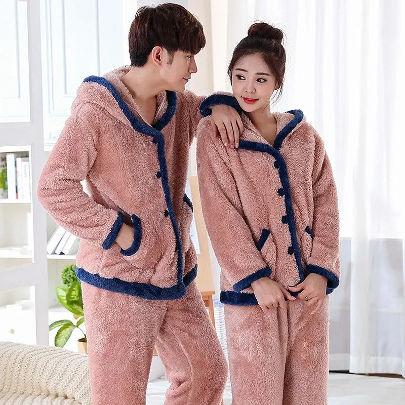 JINUO New Arrival 4 Styles Winter Young Couples Coral Fleece Thicken Pajama Sets Lovers Cartoon Warm Soft Home Wear Sleepwear | Мать и