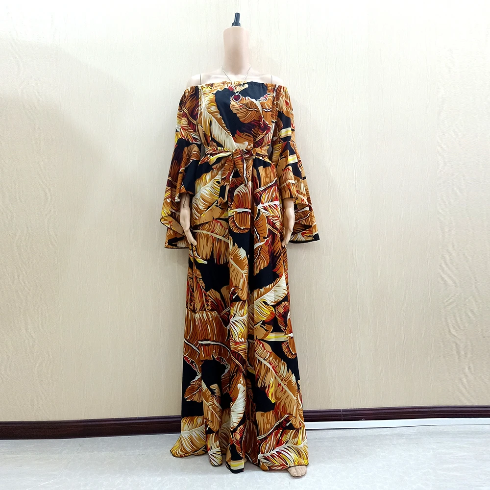 2019 модное Африканское платье Дашики с принтом листьев длинные платья открытыми