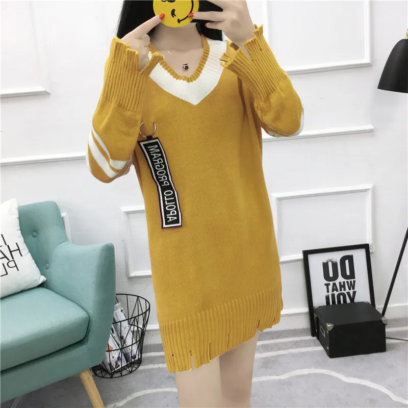 Осень Новый корейский вариант письмо и полосы украшения Длинные рукава Сплит