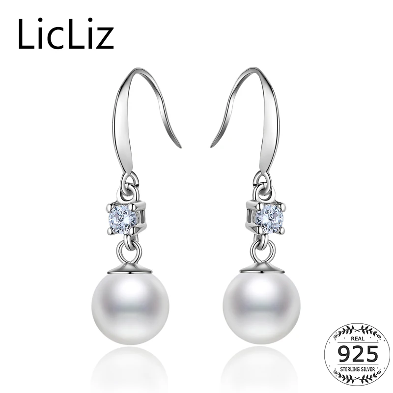 

LicLiz 925 Natural Freshwater Pearl Pearl Drop Earrings For Women Pendant Sterling Silver Zircon Dangle Ear Hook Earrings LE0325