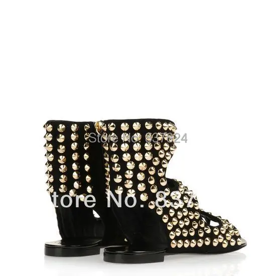 Горячая распродажа черные заклепки вырежьте ботильоны девушку шипованных