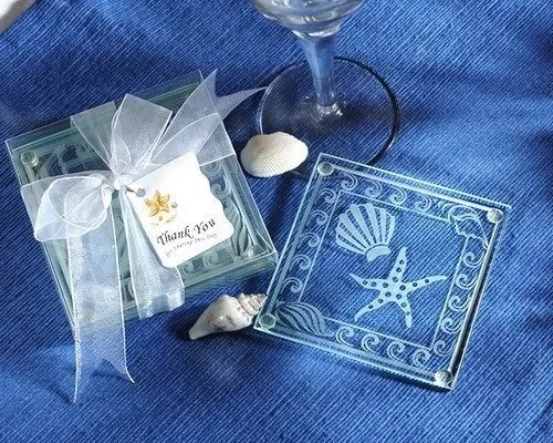 

50sets Wedding Favors Shell and Starfish Frosted Glass Coaster 2pcs/set