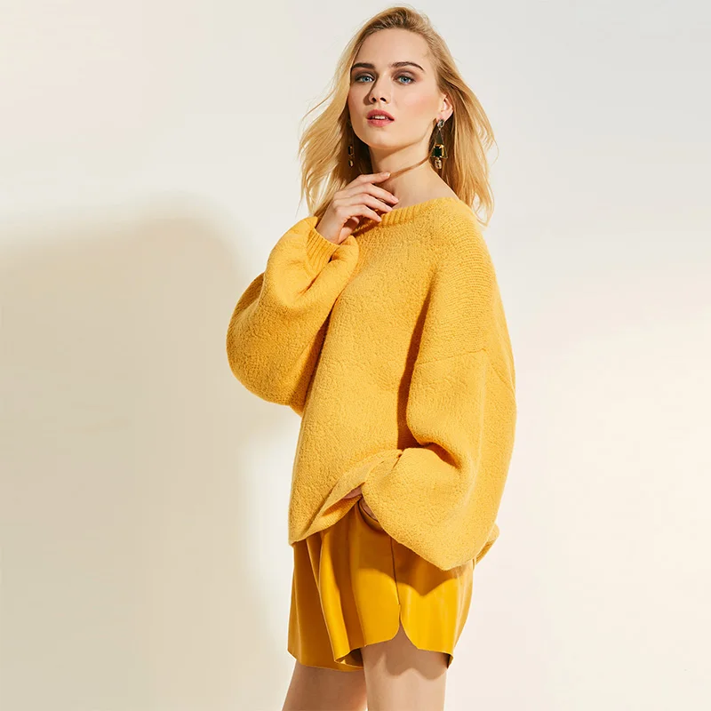 Winter Yellow Sweater Women Round Neck Solid Lantern Sleeve Pullover Fashion Plain Girls Knitted Autumn Long