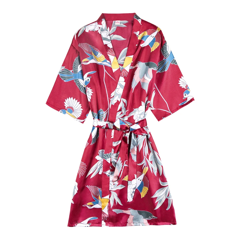 

Herislim Silk Floral Print Short Kimono Bathrobe Wedding Bride Bridesmaid Robe Half Sleeve Sleepwear Women Summer Dressing Gown