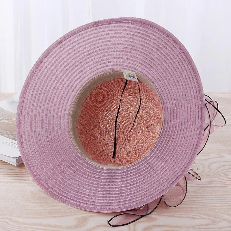 

YmsaidHigh Guality Elegant Women Church Hats For Summer Fashion Big Flower Sun Hat Wide Brim Beach Casual Beach Chapeu Feminino