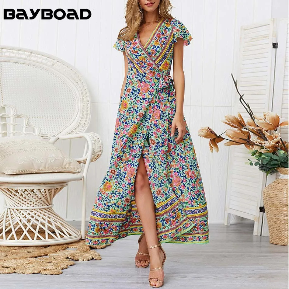 Bayboad новые модные длинные летние платья короткий рукав v-образным вырезом Boho