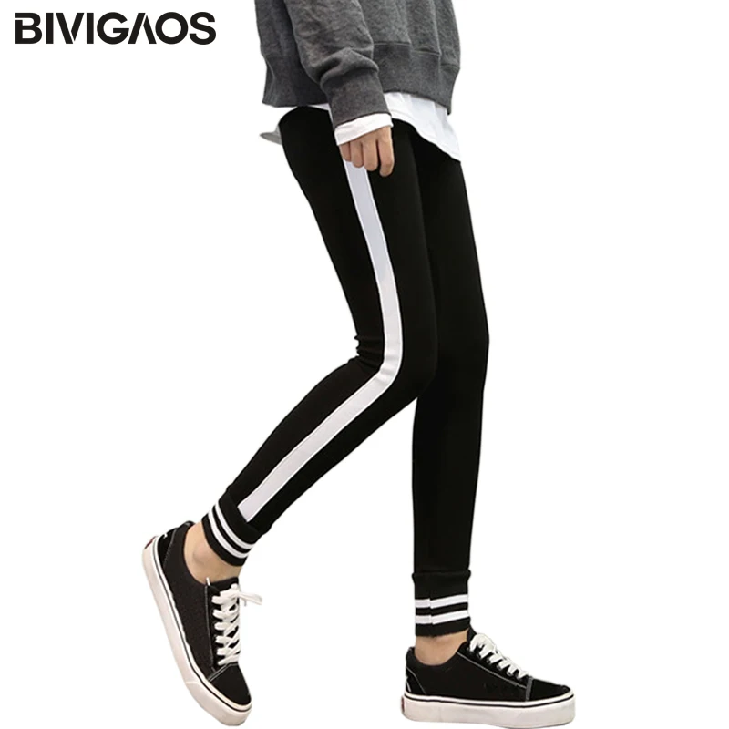 

BIVIGAOS Осень новинка Стиль досуга зимы корейский женщин боковые белые вертикальные леггинсы в полоску хлопковые леггинсы брюки Blackc Готическ...