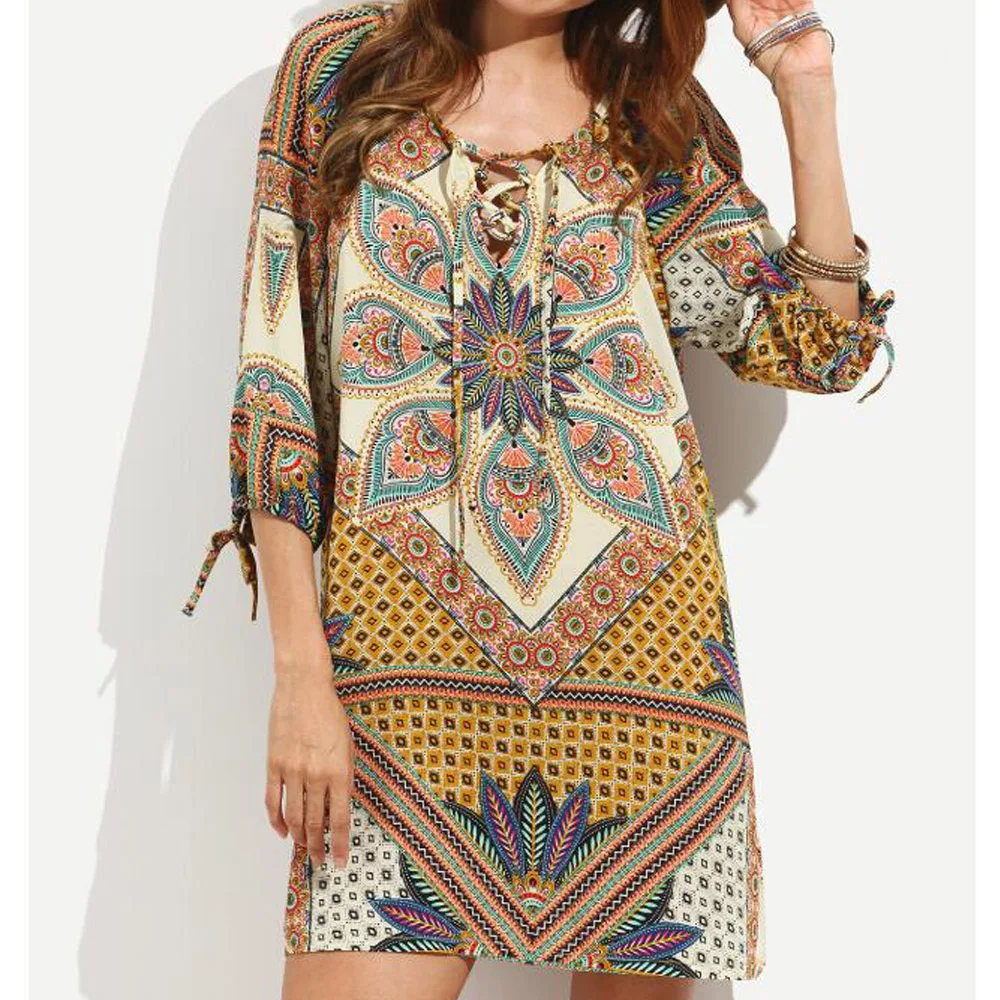Винтаж Стиль этнический принт свободное платье Для женщин 3/4 рукавами Robe Femme 2019
