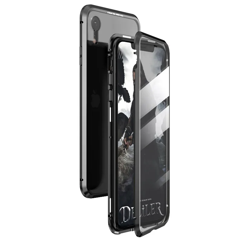 Переднее и заднее стекло Магнитный чехол для iPhone Xs MAX 360 Флип Роскошный металлический бампер прозрачный стеклянный чехол для iPhone 7 8Plus XR чехол флип - Цвет: Black