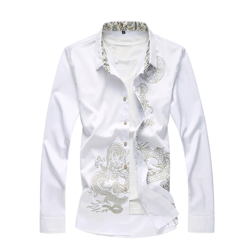 Модный бренд Camisa Masculina рубашка с длинными рукавами мужской старинный китайский традиционный Дракон печатных рубашки больших размеров 6XL 7XL - Цвет: Белый