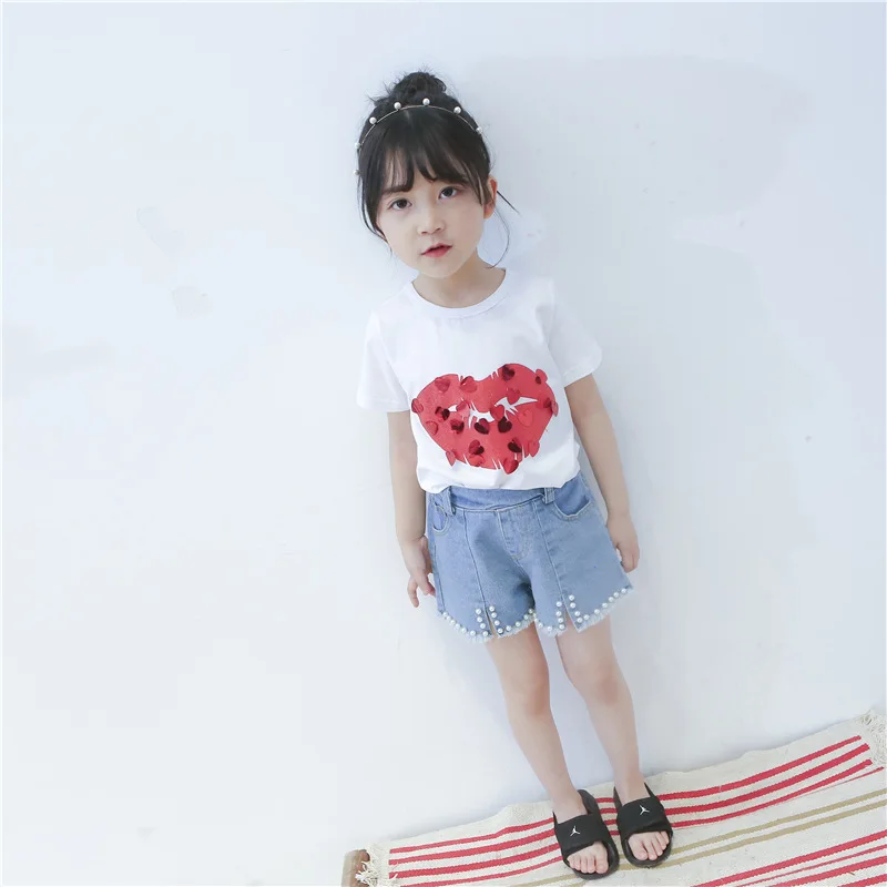 

2018 Summer New Girl Tee Shirts Korean Handmade Love Sequins Big Lips T-shirt Casual Cute Top Tees for Toddler Clothes Girl Tops