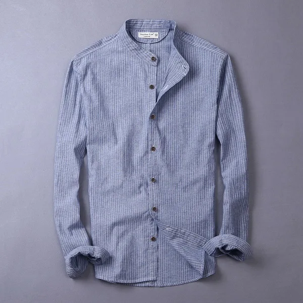 striped blue Летняя мужская рубашка с китайским воротником, повседневные мужские рубашки с длинным рукавом, Брендовые однотонные рубашки, мужская рубашка в итальянском стиле, мужская Тонкая сорочка camisa - Цвет: striped blue