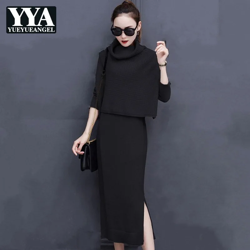 2020 New Autumn Winter Lady Sets Fashion Solid Turtleneck Top Sweater Mid Calf Long Dress 2 Piece Set Ladies Casual Knitted Suit | Женская