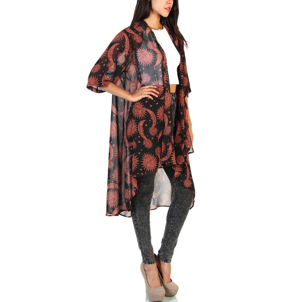 Женское шифоновое кимоно с асимметричным подолом красное свободное пляжное