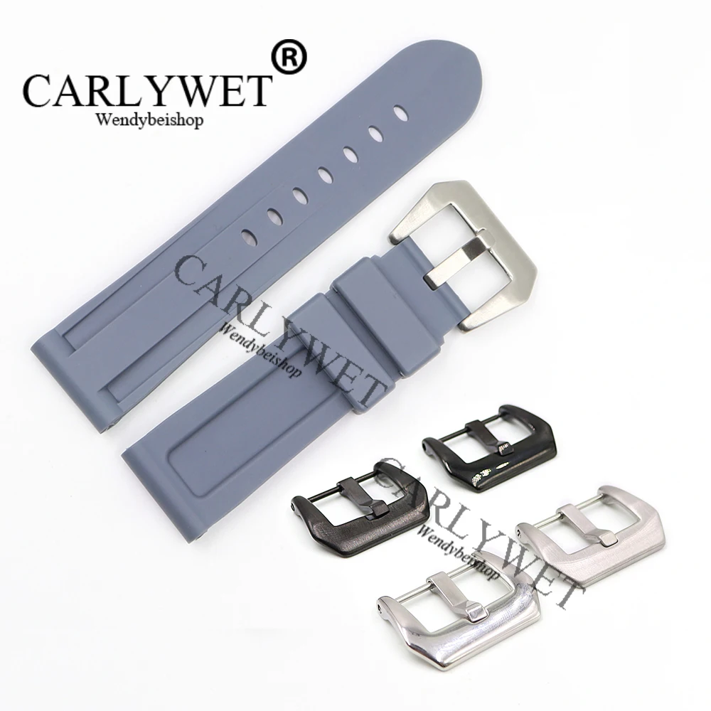 

CARLYWET 24mm Grey Waterproof Silicone Rubber Replacement Wrist Watch Band Strap Belt Silver Black Buckle For Luminor