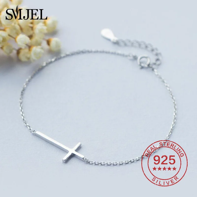 

SMJEL Jesus Christian Women Men Horizontal Sideways Cross Bracelets 925 Sterling Silver Jewelry Bracelet Bridesmaids Gift