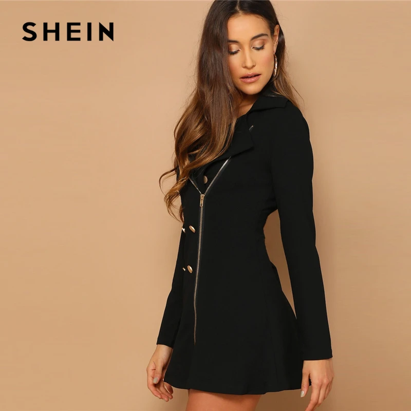 SHEIN Двубортное Платье На Молнии Женское Черное Осеннее Элегантное Платье С Длинными Рукавами