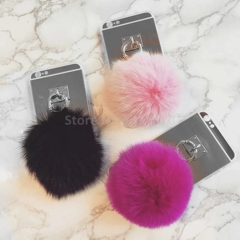 Silver Metal Rope Mirror Tassel soft fluffy warm Fake Rabbit Fur pompom For Oppo R7s phone Case cover | Мобильные телефоны и