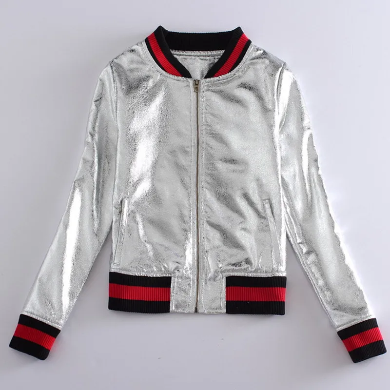 

2018 Fashion Spring Jacket Women Uniform Silver PU Bomber Jacket Women Coat Autumn Baseball Jacket AC0592