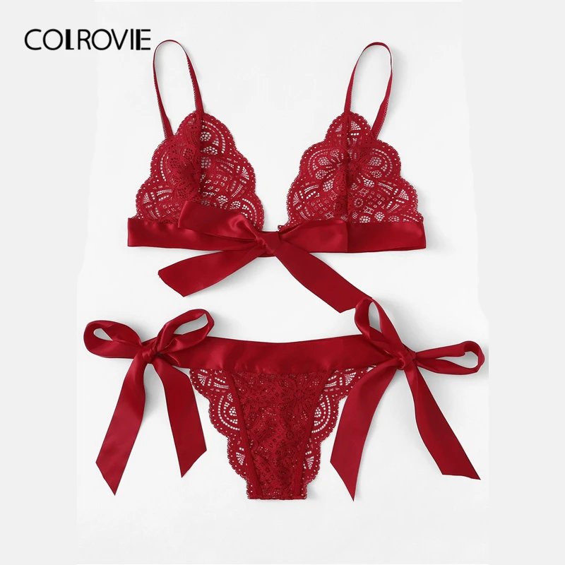 COLROVIE, красный Рождественский комплект нижнего белья с волнистой отделкой и завязками по бокам,, беспроводное нижнее белье с лентой, Прозрачное нижнее белье, комплект с бюстгальтером