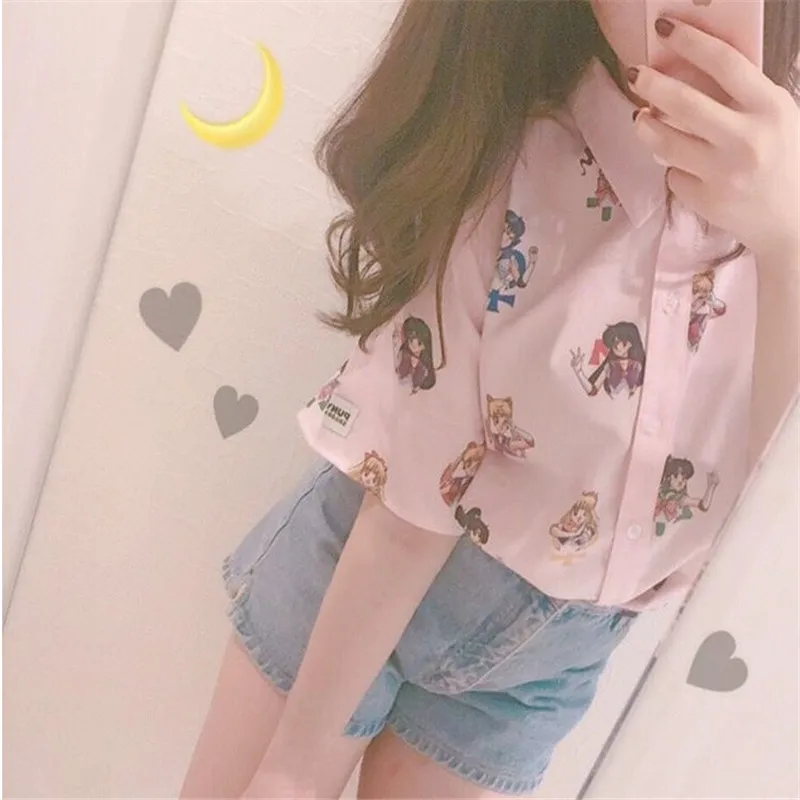 Сейлор Мун розовый короткий рукав футболки Harajuku футболка женская одежда 2019