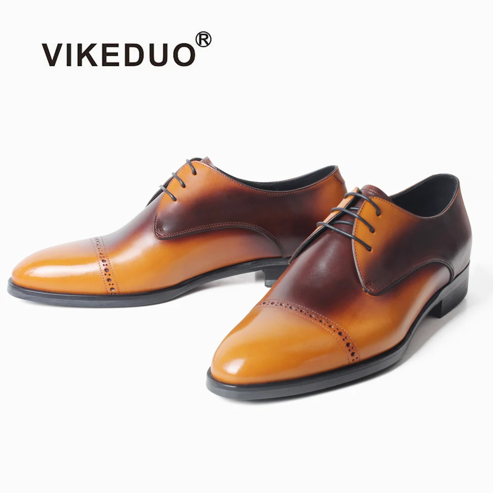 

VIKEDUO Men's Derby Shoes Cow Leather Mans Footwear Patina Wedding Office Formal Men Shoes Round Toe Leather Dress Shoes Zapatos