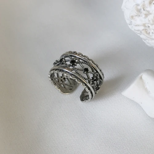 antique silver LEVEN FANCY 925 стерлингового серебра Круглый черный агат скрученный узел Открытое кольцо Винтаж серебро Ретро цветок кружева макраме кольца - Цвет камня: antique silver