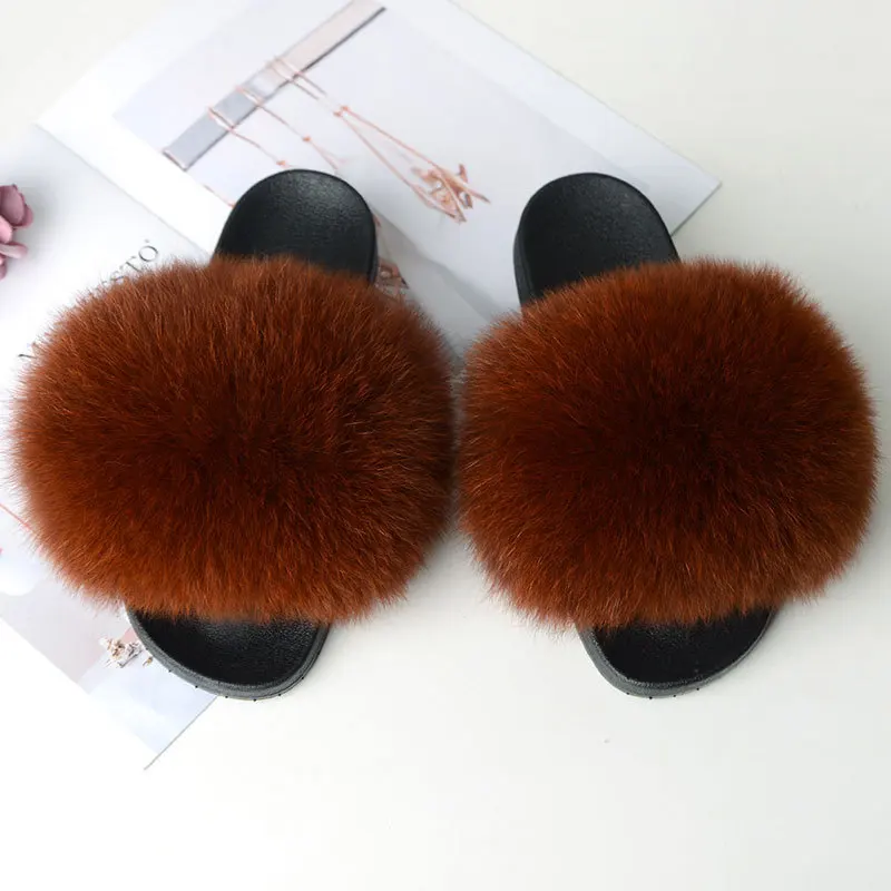 caramel colour VOTODA/тапочки с натуральным лисьим мехом; женские шлепанцы из пушистого меха енота; сандалии на плоской подошве с лисьим мехом; женские зимние теплые шлепанцы; модная плюшевая обувь - Цвет: caramel colour