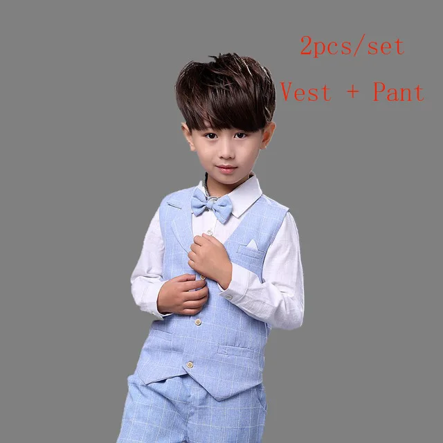 blue 2pcs Детские торжественные костюмы для мальчиков; нарядное платье для дня рождения, свадьбы; клетчатая рубашка в джентльменском стиле; жилет, жилет, брюки; одежда для детей; F188 - Цвет: blue 2pcs