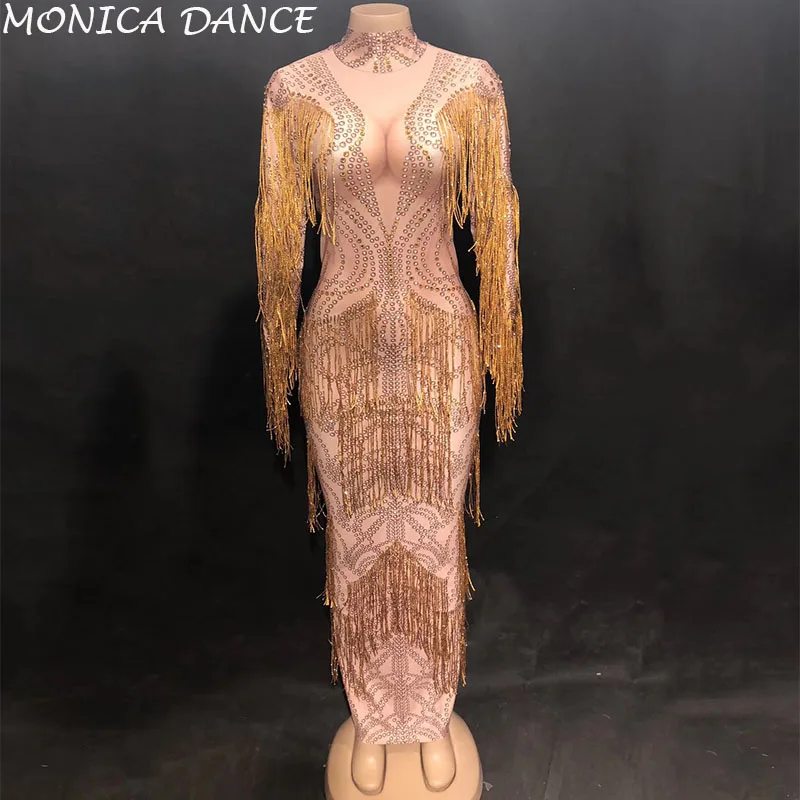 Женское сексуальное сценическое платье с золотой кисточкой женский костюм для