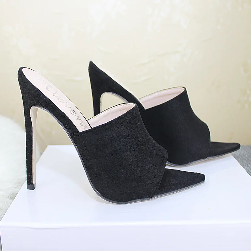 Женские шлепанцы из флока заостренный носок высокий каблук шпилька 12 см тапочки