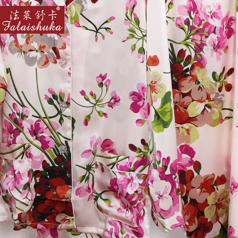 100% Silk Pajama Sets Women Flower Print Sexy Stain Pajama Set Two Piece Silk Nightwear pijama feminino Sleepwear Set Pajamas