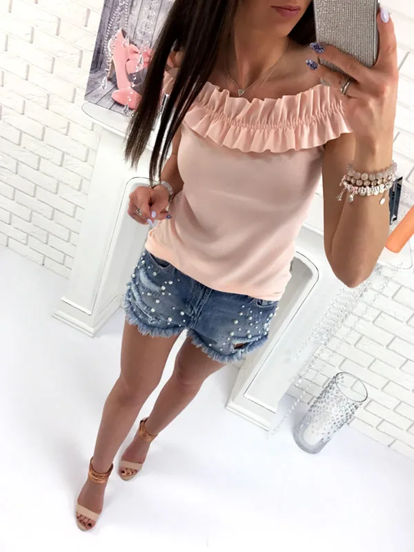 Волан Топы Лето Женщин Футболки Рюшами Slash Шеи С Коротким Рукавом Camisetas Сплошной