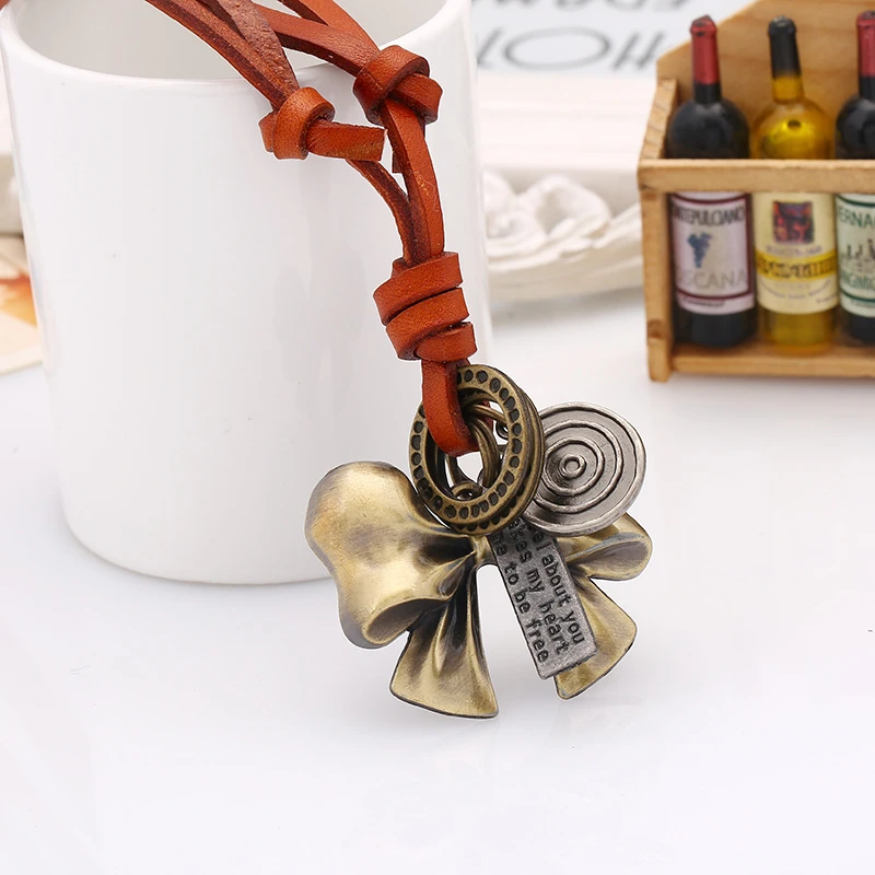Handmade New Casual Rock Cute Bronze Circle Butterfly Pendant Brown Genuine Leather Choker Chains Men Necklace Women Jewelry | Украшения и