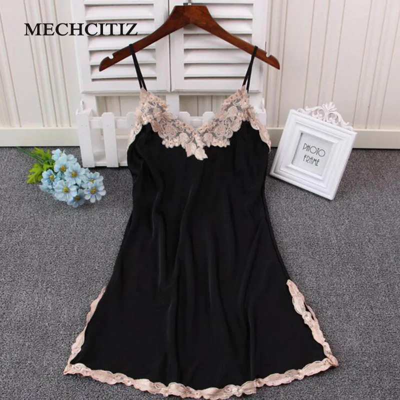 Женская шелковая ночная рубашка без рукавов кружевная сексуальная для сна