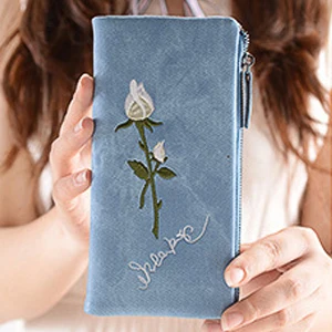Blue Новая роза, вышивка Цветочная Женская Длинные кошельки из кожи и кошельки на молнии для кредитных карт тонкий женский кошелек лучшие подарки - Цвет: Blue