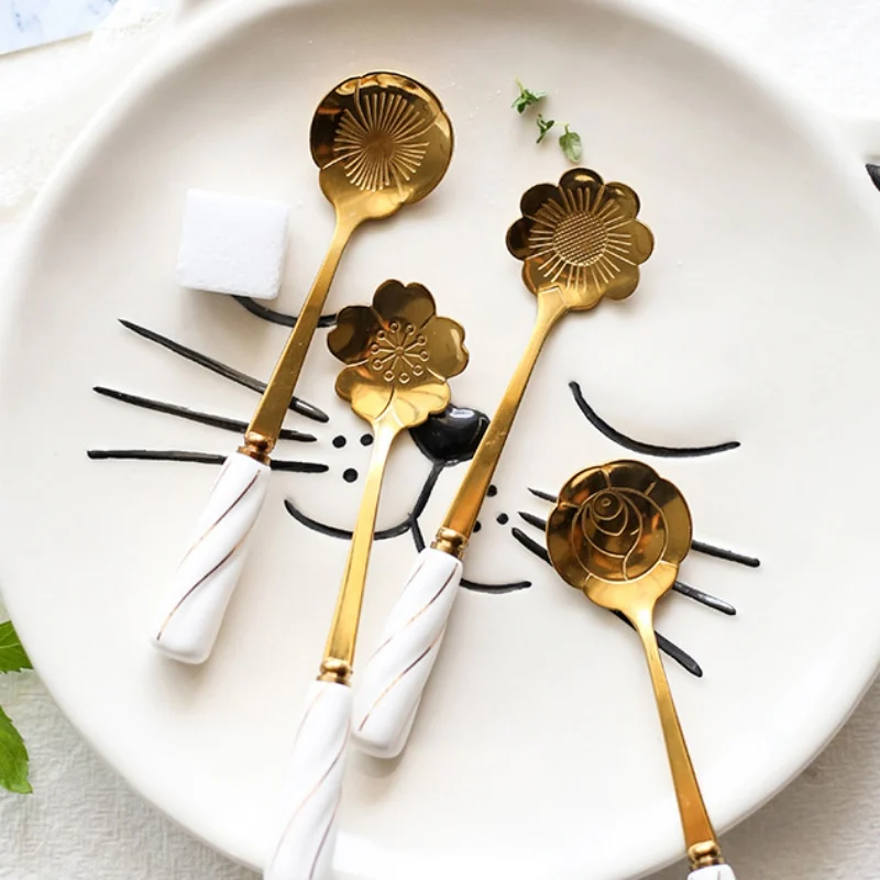 Позолоченные Ложки из нержавеющей стали с керамической ручкой вишневый цвет