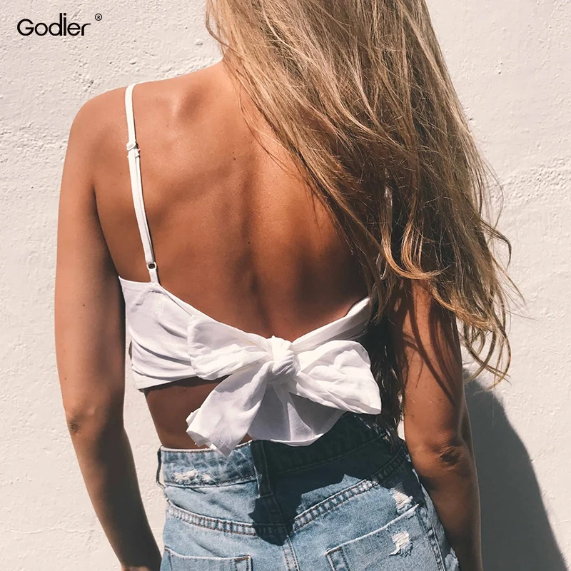 Godier Summer Backless Casual Vest Women Tops Sexy Solid Crop Top Padded Straps Halter Black/Yellow Tanks &amp Camis | Женская одежда
