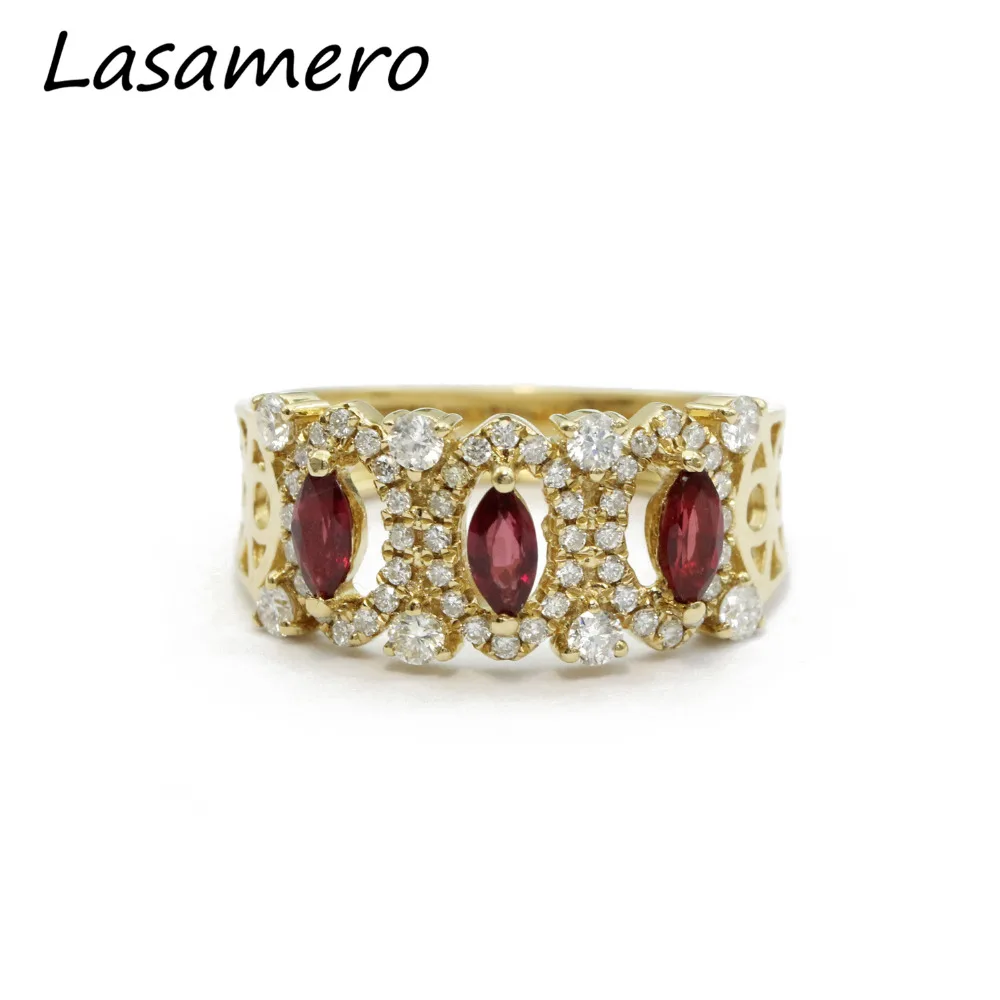 

LASAMERO Marquise Cut 0,50 CTW натуральный рубин, драгоценный камень, 3 камня, винтажный 18k желтый золотой обруч, алмазные акценты, Свадебный ремешок
