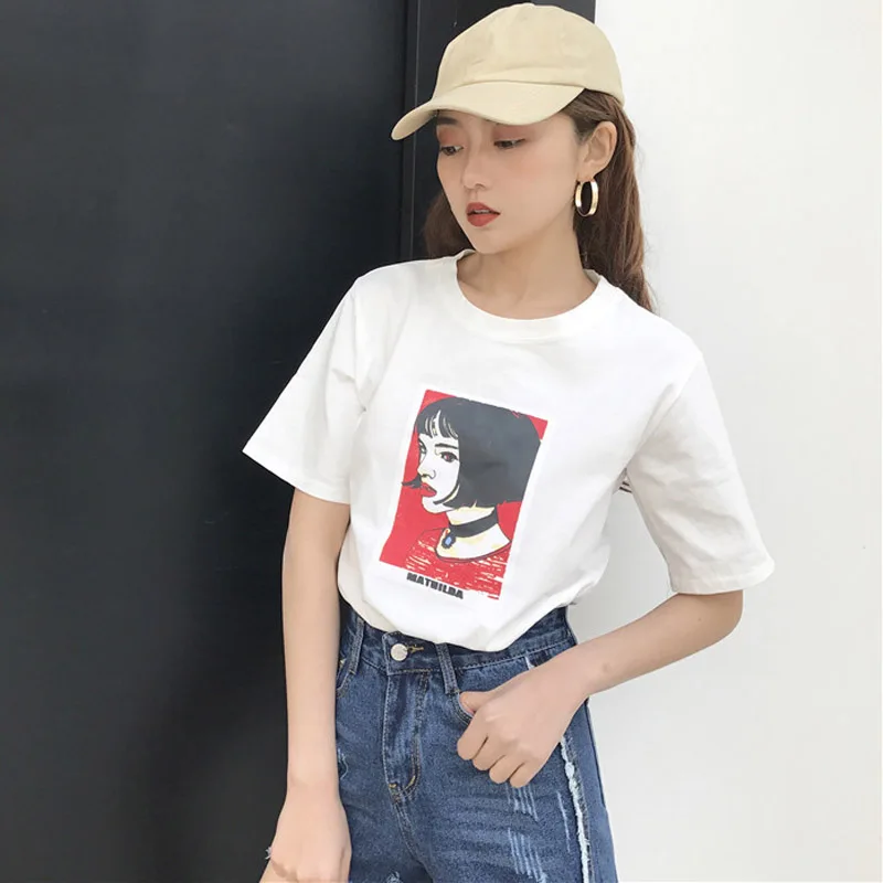 Kawii милый Mathilda Leon Профессиональный Весна и Лето Южная Корея ulzzang Harajuku стиль голова портрет свободная футболка femal