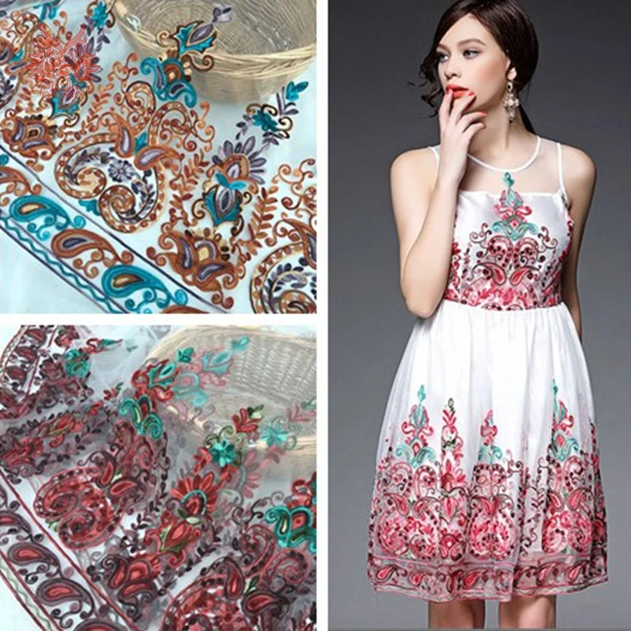 Американский стиль бохо Цветочная вышивка Сетка кружевная ткань для платья