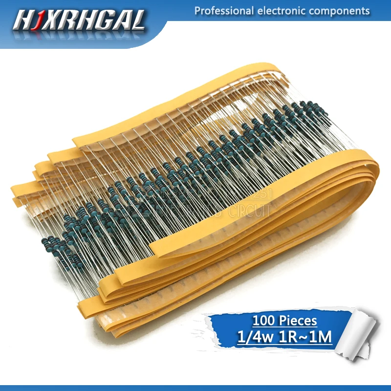 100 шт. 1/4 Вт металлический пленочный резистор hjxrhgal 100R 220R 330R 1K 1 5 K 2 3 4 7 10K 22K 47K 100K 220 330