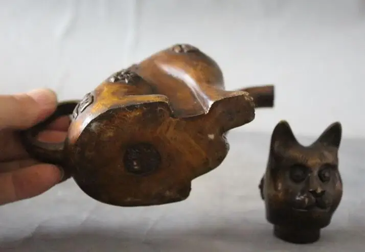 Старый Китайский Фэншуй Бронзовый счастливый кот киска статуя винный чайник |