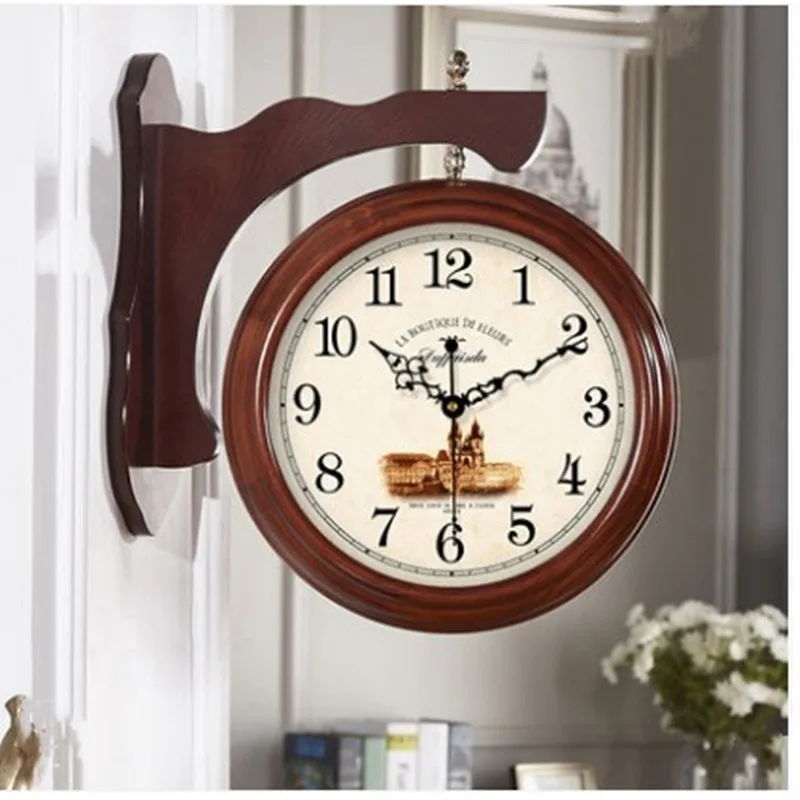 

Double-sided Wall Clock Living Room European-style American Solid Wood Watch Pastoral Creative Modern Simple Wall Clock
