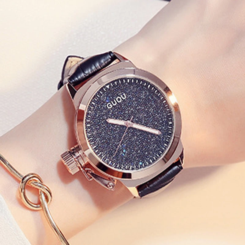Женские Часы GUOU женские часы роскошные со сверкающими бриллиантами с кожаным