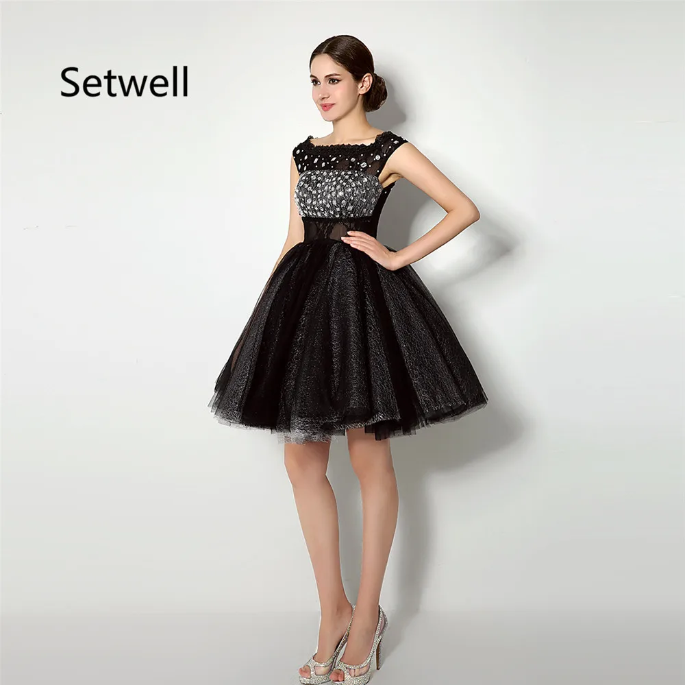 

Setwell Black Short Prom Dresses Illusion Back Lace Prom Dress High Quality Sequin Evening Gowns Custom Made Dress