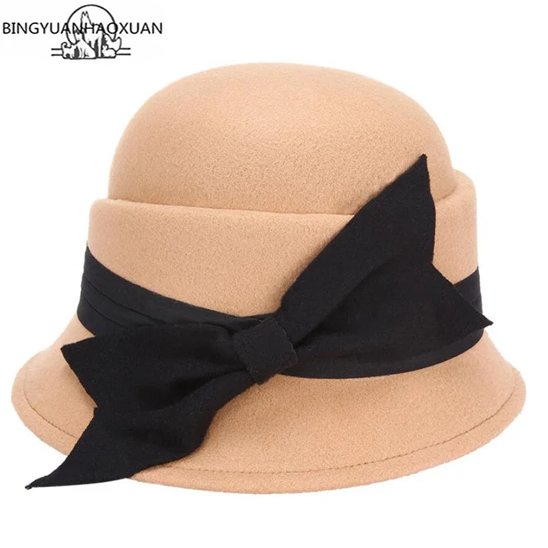 

BINGYUANHAOXUAN Women's 2018 Hat with Bowknot Casual Retro Wool Felted Floppy New