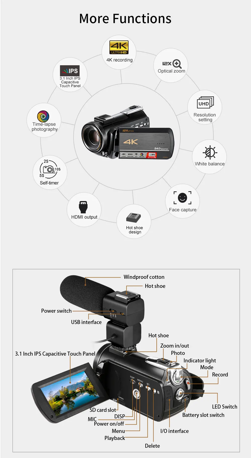 4 k wifi цифровая видеокамера с 3,0 ''сенсорным дисплеем/12 x оптическим зумом Профессиональная домашняя Цифровая видеокамера